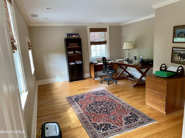 258 Sandisfield Rd, New Marlborough, MA 01230 - office area featuring light wood finished floors, ornamental molding, and baseboards