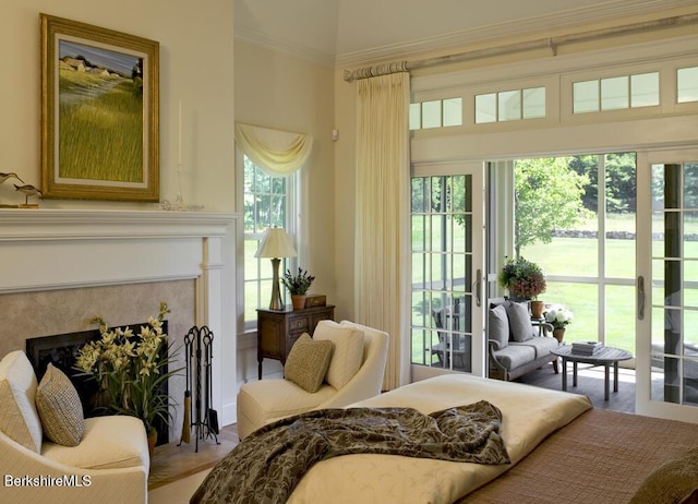 258 Sandisfield Rd, New Marlborough, MA 01230 - bedroom featuring a premium fireplace, crown molding, and access to exterior
