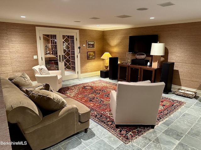 258 Sandisfield Rd, New Marlborough, MA 01230 - living area featuring french doors, recessed lighting, wallpapered walls, baseboards, and ornamental molding