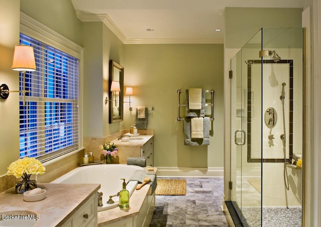 258 Sandisfield Rd, New Marlborough, MA 01230 - full bath featuring vanity, a stall shower, crown molding, a bath, and baseboards
