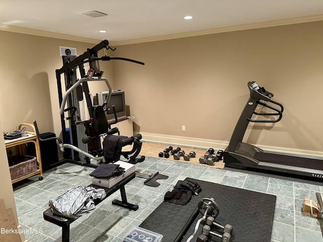 258 Sandisfield Rd, New Marlborough, MA 01230 - workout room with ornamental molding, recessed lighting, arched walkways, and baseboards