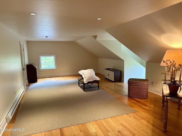 258 Sandisfield Rd, New Marlborough, MA 01230 - bonus room with a baseboard heating unit, light wood finished floors, recessed lighting, lofted ceiling, and baseboards