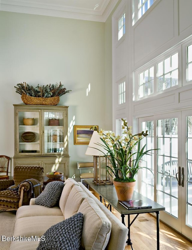 258 Sandisfield Rd, New Marlborough, MA 01230 - living area with french doors, a high ceiling, and ornamental molding
