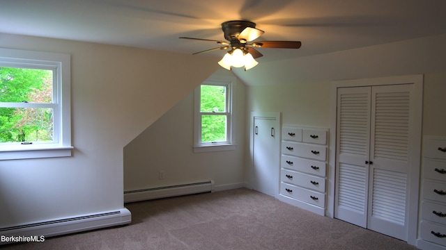 366 Clough Rd, Stamford, VT 05352 - bonus room with a baseboard radiator, ceiling fan, carpet flooring, and lofted ceiling