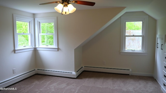366 Clough Rd, Stamford, VT 05352 - additional living space featuring carpet, a ceiling fan, lofted ceiling, and a baseboard radiator