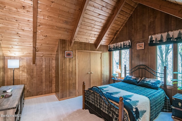 78 Slope Rd, Tolland, MA 01034 - bedroom featuring wood ceiling, wooden walls, and carpet floors