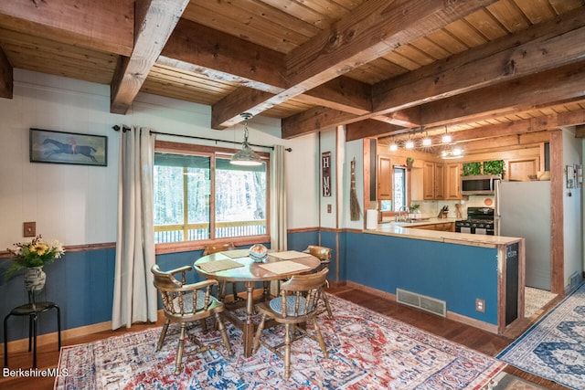 78 Slope Rd, Tolland, MA 01034 - dining space with wood ceiling with exposed beams, plenty of natural light, wood finished floors, wainscoting, and wooden walls