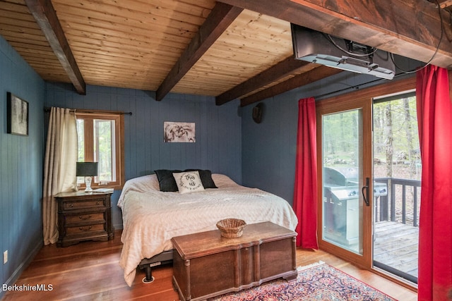 78 Slope Rd, Tolland, MA 01034 - bedroom featuring wood finished floors, access to exterior, multiple windows, wood ceiling with exposed beams, and wood walls