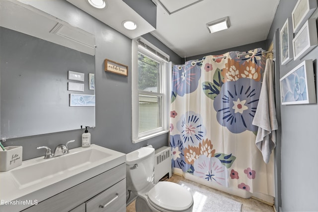 7 Chicopee St, Lanesborough, MA 01237 - full bathroom featuring radiator heating unit, vanity, and a shower with shower curtain