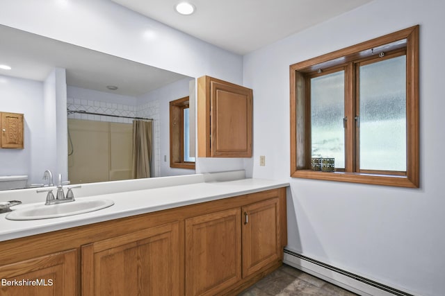 20 E Dugway Rd, Lenox, MA 01240 - full bath featuring a baseboard radiator, vanity, curtained shower, and recessed lighting