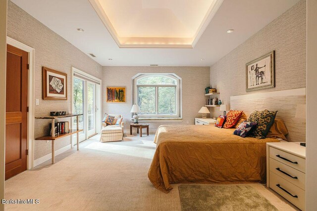 116 Brush Hill Rd, Great Barrington, MA 01230 - bedroom with access to outside, a tray ceiling, and light colored carpet
