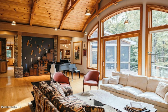 116 Brush Hill Rd, Great Barrington, MA 01230 - living room featuring light wood finished floors, wooden ceiling, beamed ceiling, and high vaulted ceiling