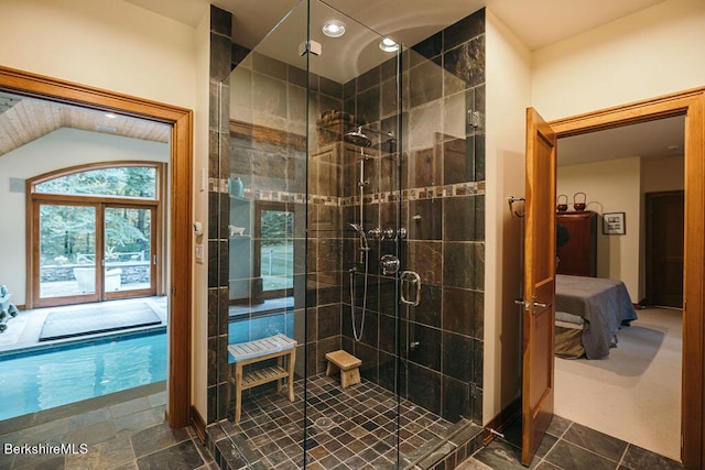 116 Brush Hill Rd, Great Barrington, MA 01230 - bathroom with ensuite bathroom, a stall shower, lofted ceiling, and recessed lighting