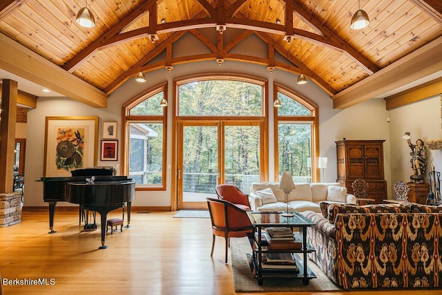 116 Brush Hill Rd, Great Barrington, MA 01230 - living area with wooden ceiling, beamed ceiling, light wood finished floors, high vaulted ceiling, and baseboards