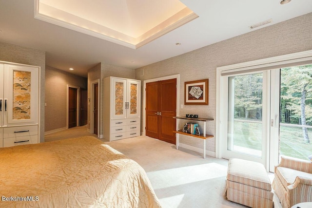 116 Brush Hill Rd, Great Barrington, MA 01230 - bedroom featuring access to exterior, a tray ceiling, light carpet, and recessed lighting