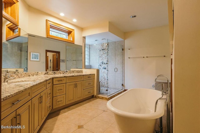 116 Brush Hill Rd, Great Barrington, MA 01230 - full bath with a stall shower, a soaking tub, tile patterned flooring, double vanity, and recessed lighting