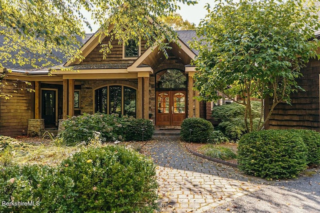 116 Brush Hill Rd, Great Barrington, MA 01230 - doorway to property with french doors and a shingled roof