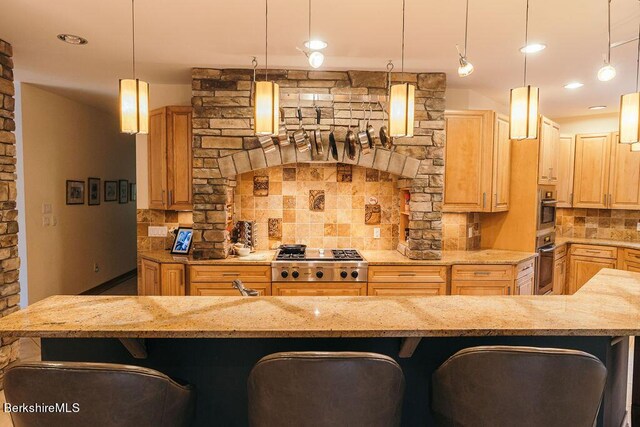 116 Brush Hill Rd, Great Barrington, MA 01230 - bar area featuring stainless steel appliances, tasteful backsplash, hanging light fixtures, and recessed lighting
