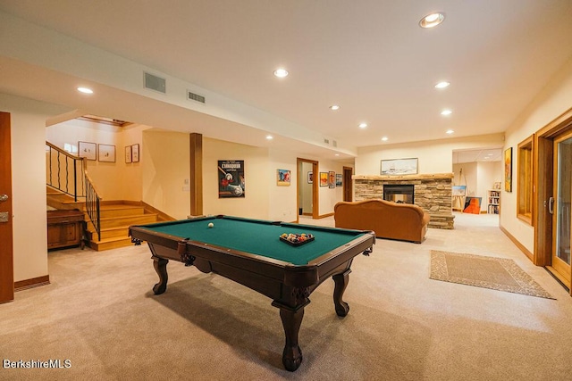 116 Brush Hill Rd, Great Barrington, MA 01230 - game room with light colored carpet, recessed lighting, a stone fireplace, billiards table, and baseboards