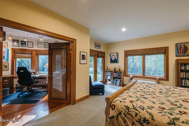 116 Brush Hill Rd, Great Barrington, MA 01230 - carpeted bedroom with french doors, access to exterior, a desk, baseboards, and recessed lighting