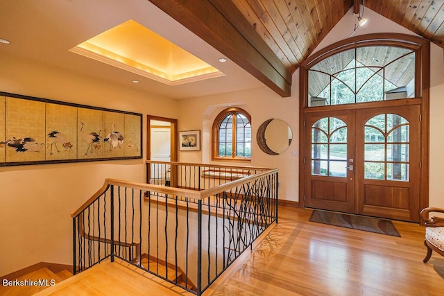 116 Brush Hill Rd, Great Barrington, MA 01230 - entrance foyer with wood finished floors, baseboards, french doors, and wood ceiling