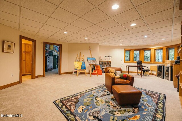 116 Brush Hill Rd, Great Barrington, MA 01230 - living area with carpet flooring, baseboards, recessed lighting, wine cooler, and a paneled ceiling