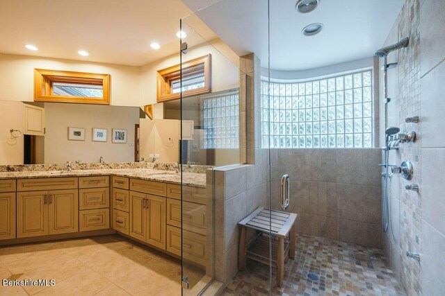116 Brush Hill Rd, Great Barrington, MA 01230 - full bathroom with a shower stall, double vanity, tile patterned floors, and recessed lighting