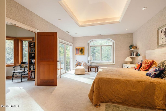 116 Brush Hill Rd, Great Barrington, MA 01230 - bedroom with access to exterior, a tray ceiling, and light colored carpet