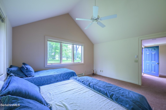 33 Interlaken Rd, Stockbridge, MA 01262 - bedroom featuring baseboard heating, carpet, lofted ceiling, and ceiling fan