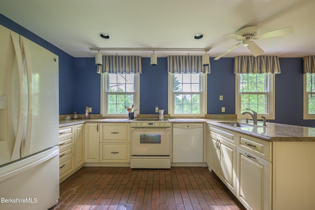 33 Interlaken Rd, Stockbridge, MA 01262 - kitchen with white appliances, a ceiling fan, brick patterned floors, a peninsula, and recessed lighting