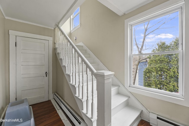 495 Main St, Williamstown, MA 01267 - stairs with a wealth of natural light, a baseboard radiator, and wood finished floors