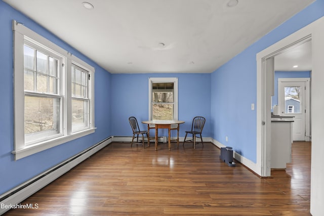 495 Main St, Williamstown, MA 01267 - dining room featuring baseboard heating, wood finished floors, baseboards, and recessed lighting