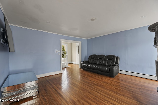 495 Main St, Williamstown, MA 01267 - living room featuring baseboard heating, crown molding, and wood finished floors