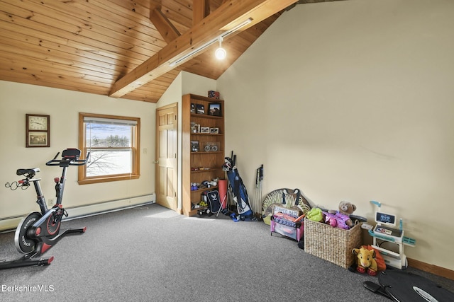 workout area with carpet floors, wooden ceiling, and lofted ceiling