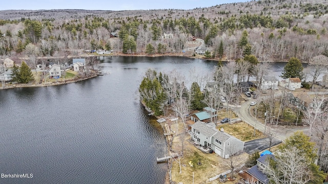 aerial view featuring a water view and a wooded view