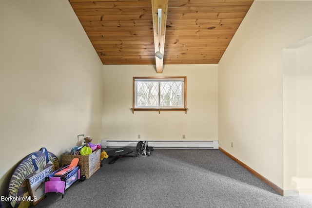 carpeted spare room featuring lofted ceiling with beams, baseboards, wooden ceiling, and a baseboard radiator