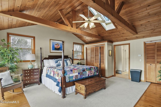 bedroom featuring vaulted ceiling with skylight, wood finished floors, and wood ceiling