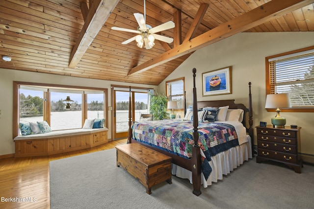 bedroom featuring lofted ceiling with beams, wood finished floors, and wooden ceiling
