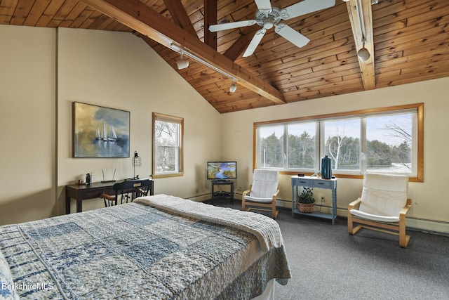 bedroom with lofted ceiling with beams, track lighting, wooden ceiling, and carpet