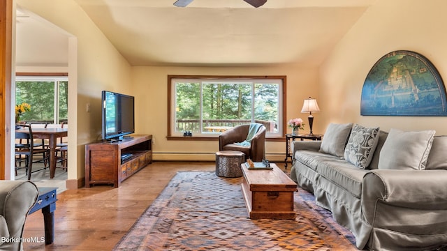 51 Downs Rd, New Marlborough, MA 01230 - living room featuring baseboard heating, wood finished floors, healthy amount of natural light, and ceiling fan