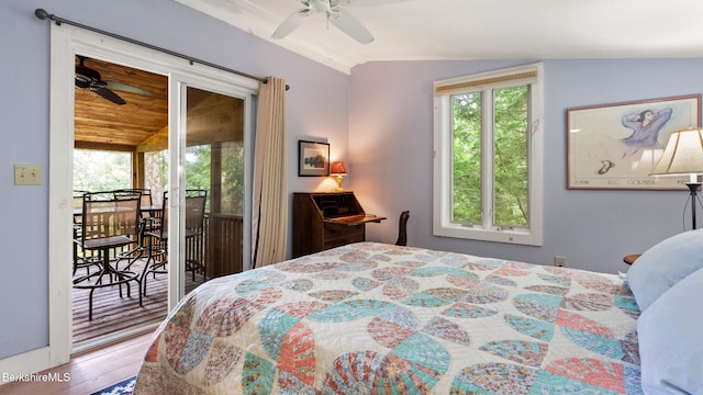 51 Downs Rd, New Marlborough, MA 01230 - bedroom with lofted ceiling, multiple windows, access to outside, wood finished floors, and ceiling fan