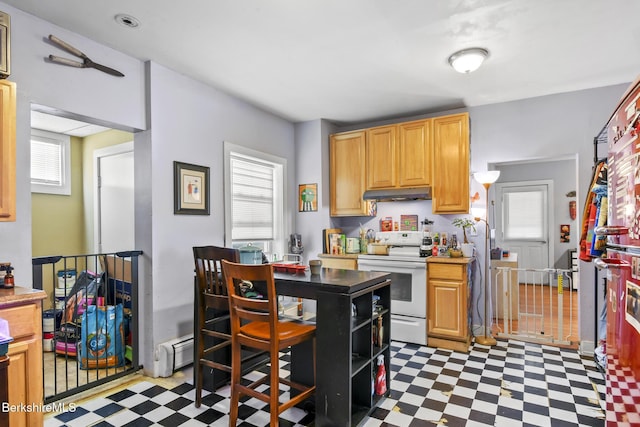 kitchen featuring under cabinet range hood, tile patterned floors, a baseboard heating unit, and white electric stove