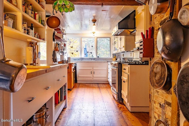 kitchen with stainless steel stove, wood ceiling, and ventilation hood