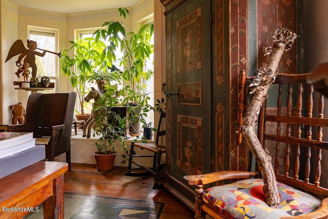 sitting room with dark hardwood / wood-style flooring and ornamental molding