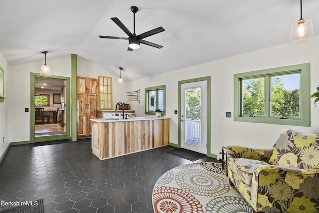 288 Johnson Rd, Dalton, MA 01226 - kitchen featuring vaulted ceiling, light countertops, baseboards, a ceiling fan, and dark tile patterned flooring