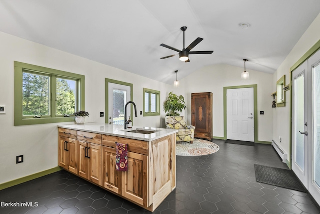 288 Johnson Rd, Dalton, MA 01226 - kitchen with a sink, a baseboard radiator, lofted ceiling, a peninsula, and a ceiling fan