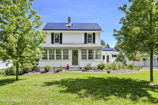 288 Johnson Rd, Dalton, MA 01226 - view of front of property featuring entry steps, solar panels, a front yard, and a chimney