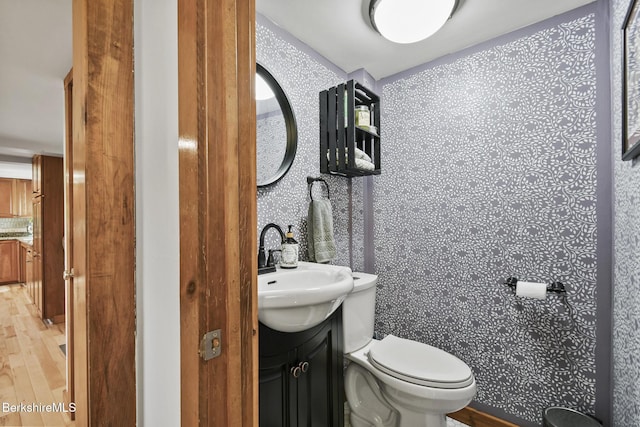 288 Johnson Rd, Dalton, MA 01226 - half bath featuring wallpapered walls, vanity, wood finished floors, and toilet