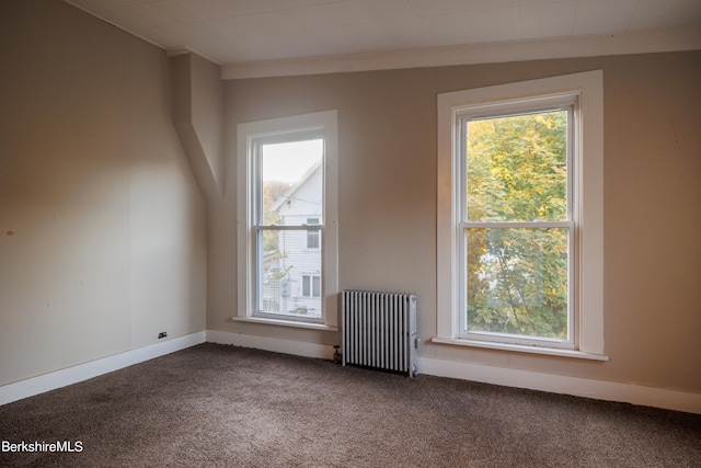 spare room featuring baseboards, radiator heating unit, a healthy amount of sunlight, and carpet