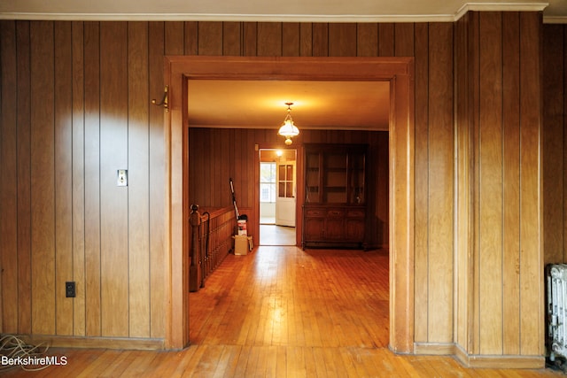 hallway with light wood-type flooring, ornamental molding, radiator heating unit, and wooden walls